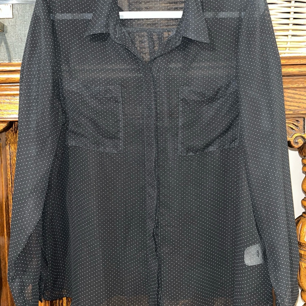 Old Navy Black Sheer Button-front Shirt with White Microdots